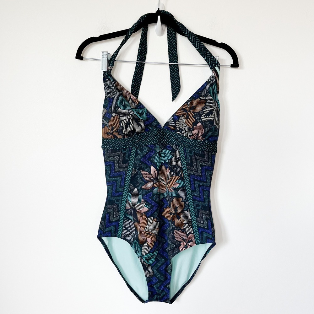 prAna Lahari One Piece Halter Swimsuit Womens Small Tropical Floral Blue Teal